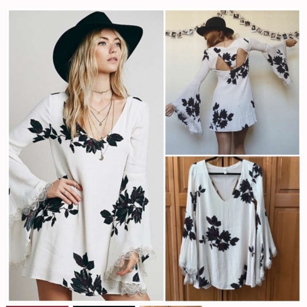 Free People Coachella Bell-Sleeve Floral white boho cowgirl festival mini dress